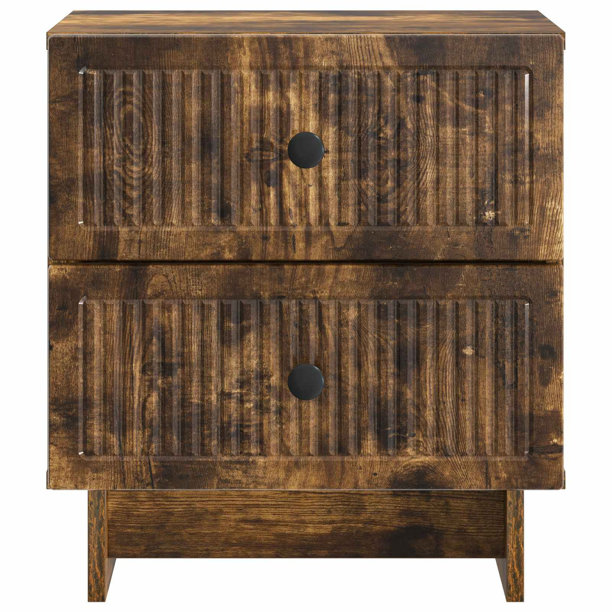 Front view of the two-drawer bedside cabinet with a dark wood finish