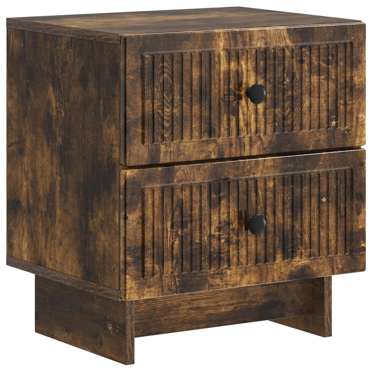 The bedside cabinet has a rustic wood finish and two drawers with black knobs