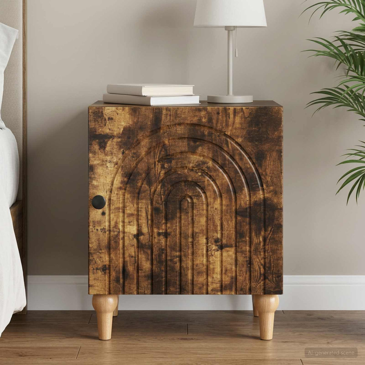 vidaXL Bedside Cabinet Smoked Oak Engineered Wood with a textured door and four wooden legs