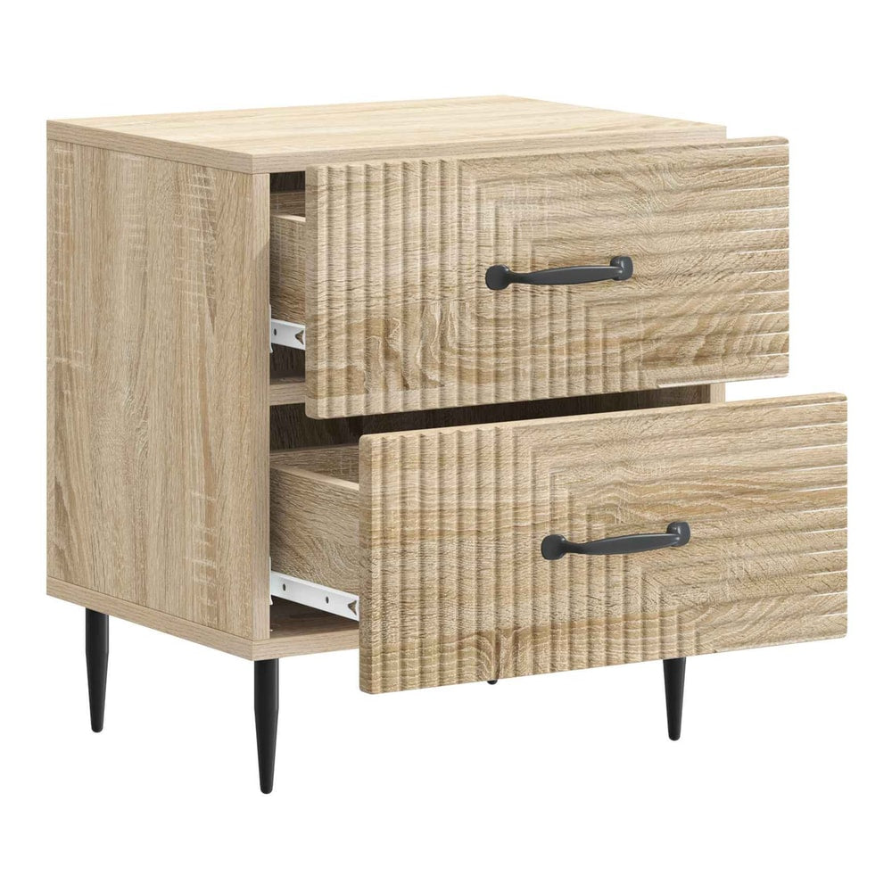 The bedside table with one drawer open, showing the interior and drawer runners