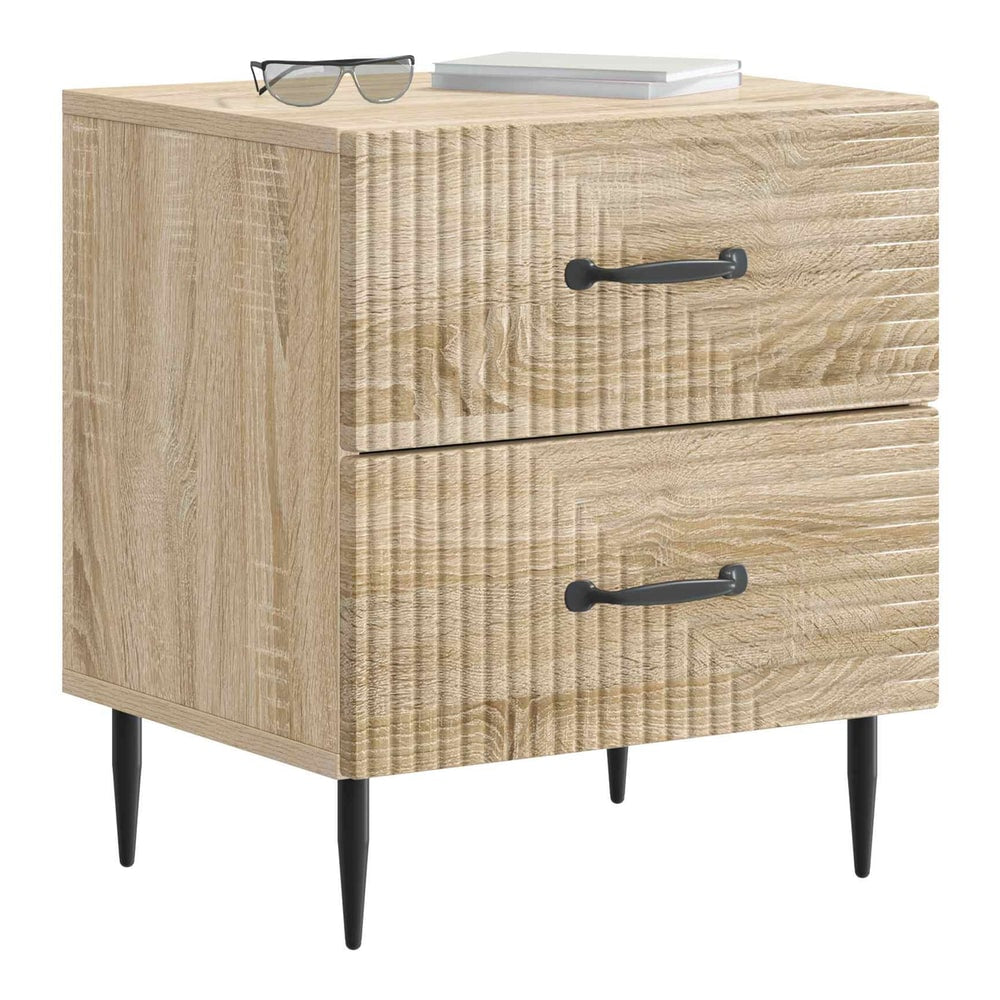 The bedside table with two drawers, a book and glasses on top, viewed from the front