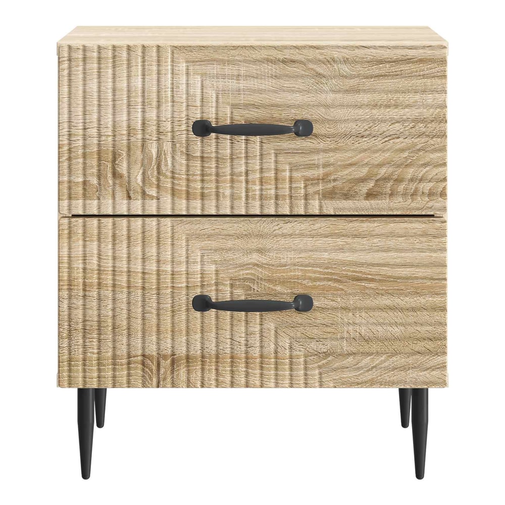 The bedside table with two closed drawers, viewed directly from the front