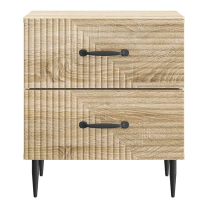 The bedside table with two closed drawers, viewed directly from the front
