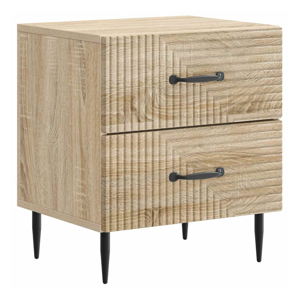 The bedside table with two drawers and black handles, shown from a three-quarter front angle