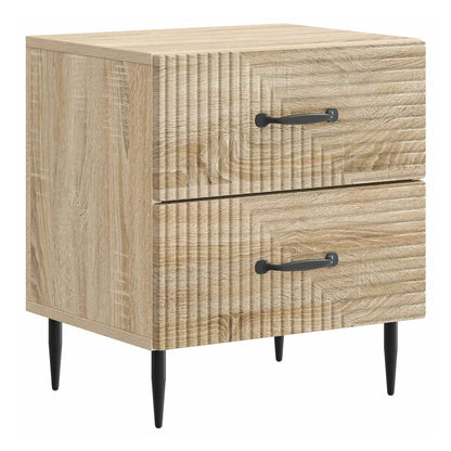 The bedside table with two drawers and black handles, shown from a three-quarter front angle