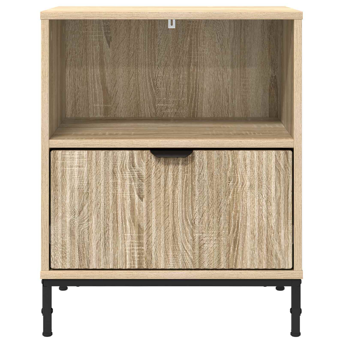 The bedside table viewed directly from the front showing the open shelf and drawer