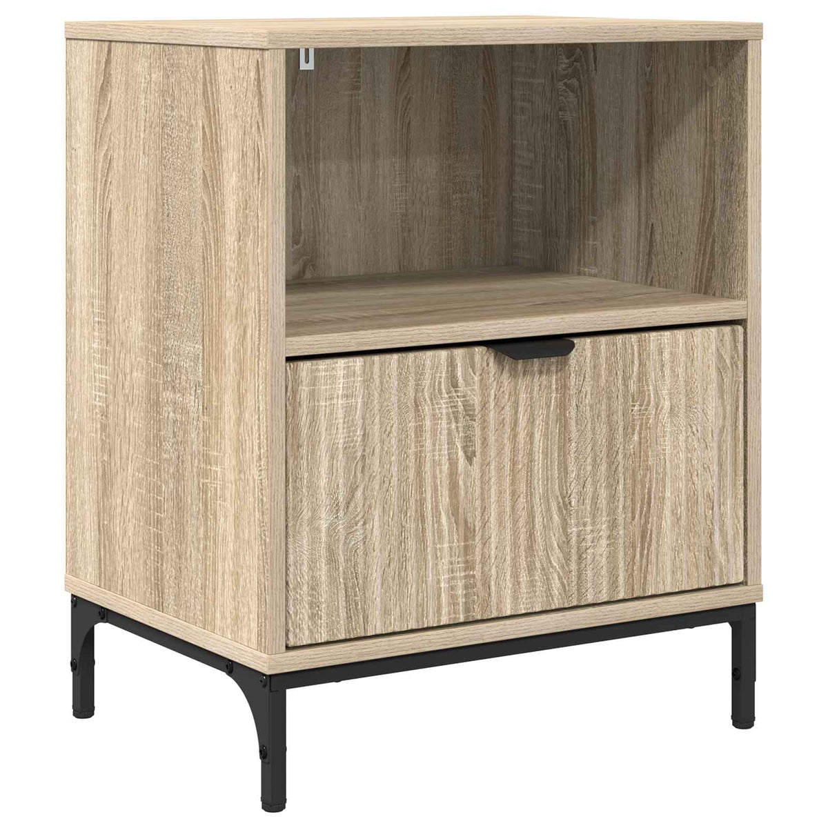 The bedside table with a wood grain finish and black metal legs shown from a side angle