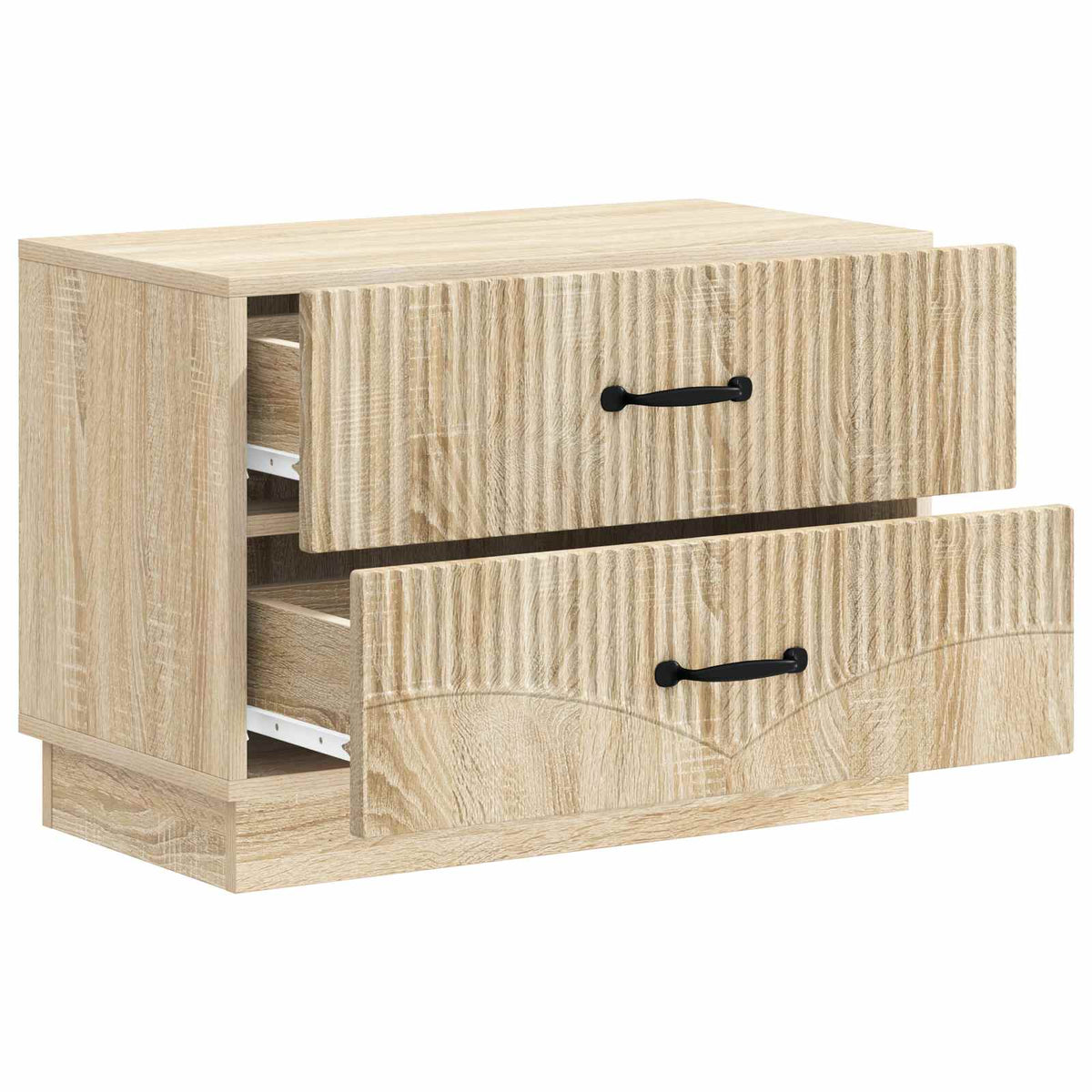 The bedside cabinet with one drawer open showing the interior runners