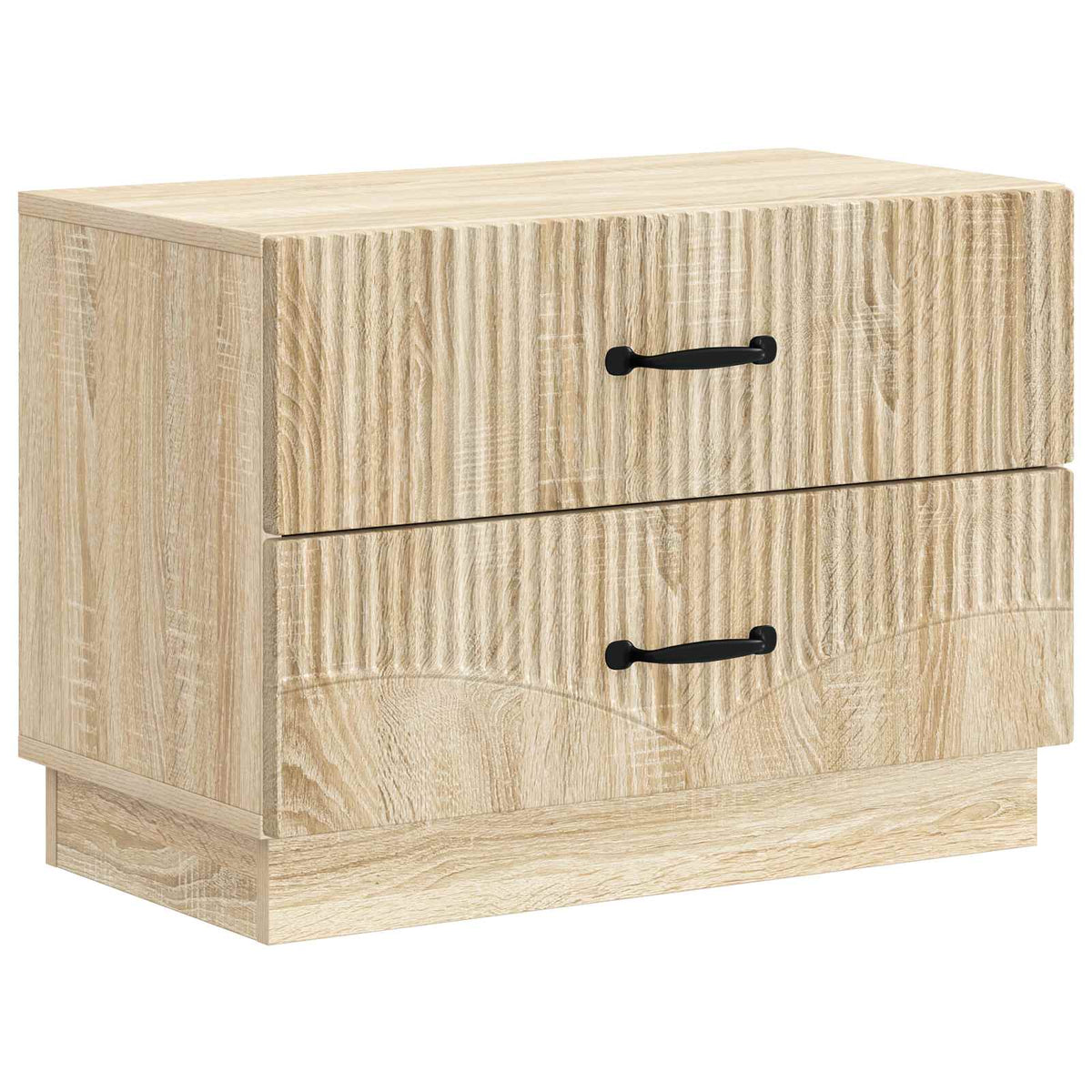 The bedside table with two drawers and a textured front, shown from the front