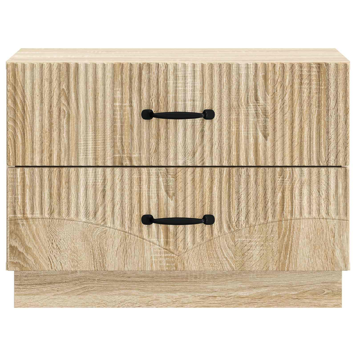 The bedside cabinet with two drawers and black handles, in a light wood effect finish
