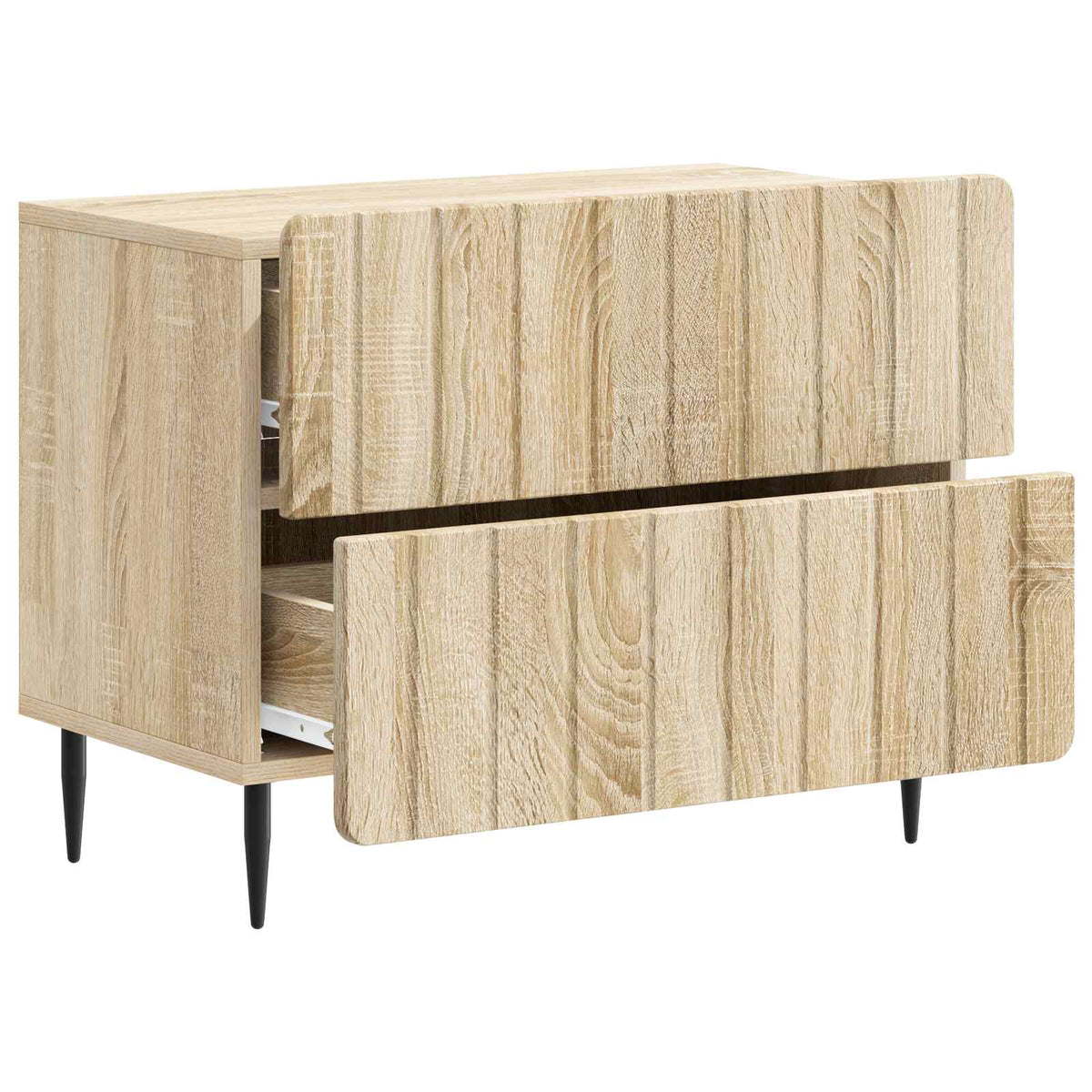 The bedside table with the bottom drawer pulled out to show the internal storage space