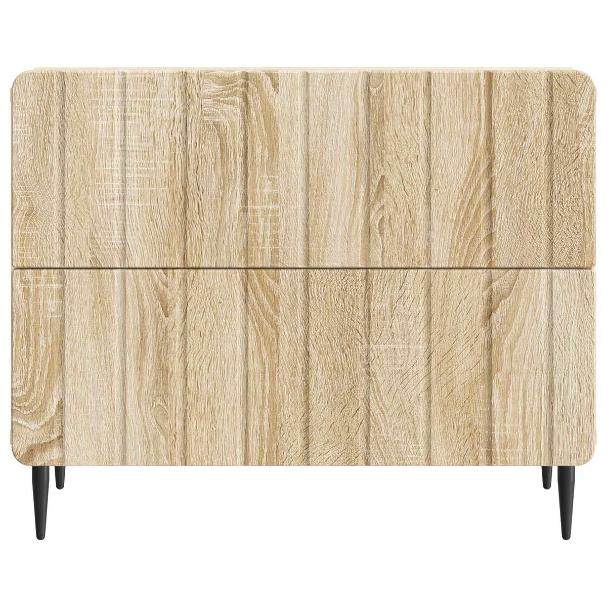 The bedside table showing the front panel with vertical grooves and two closed drawers