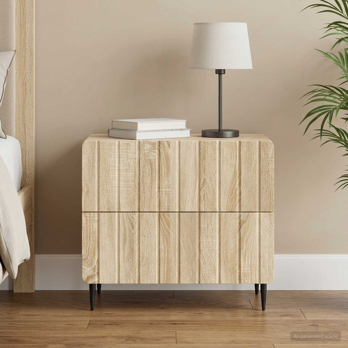 vidaXL Bedside Cabinet Sonoma Oak Engineered Wood placed in a bedroom with a lamp and books on top