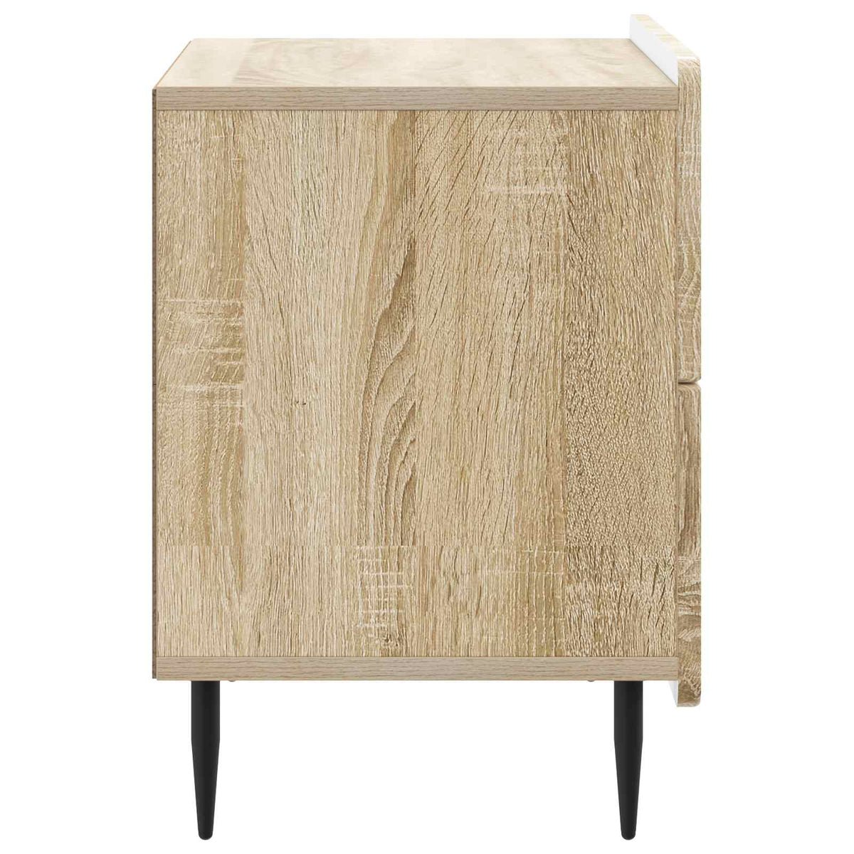 The bedside table viewed from the side showing the smooth wood grain side panel