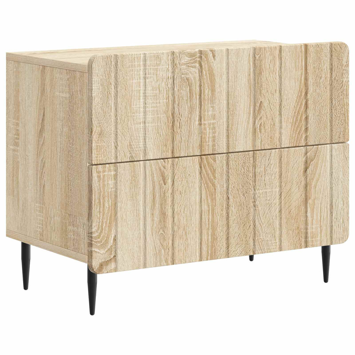 The bedside table with a textured wood grain finish and slender black metal legs