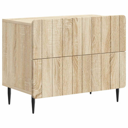 The bedside table with a textured wood grain finish and slender black metal legs