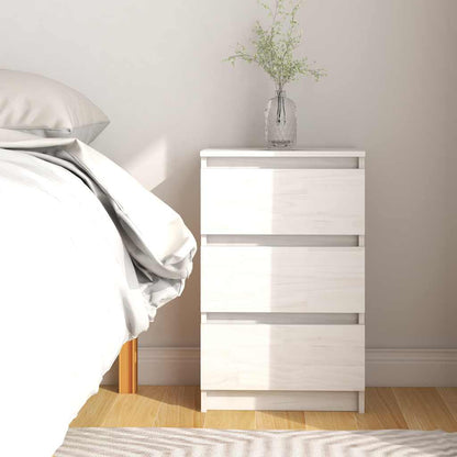 Bedside Cabinet White Solid Wood Pine placed next to a bed with a vase on top