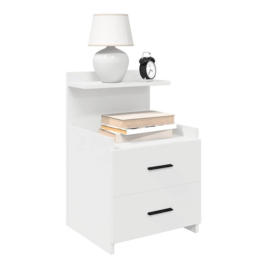 vidaXL Bedside Cabinet with 2 Drawers White with a lamp and alarm clock on top