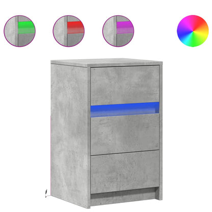 The bedside table with its LED light options shown in circles above