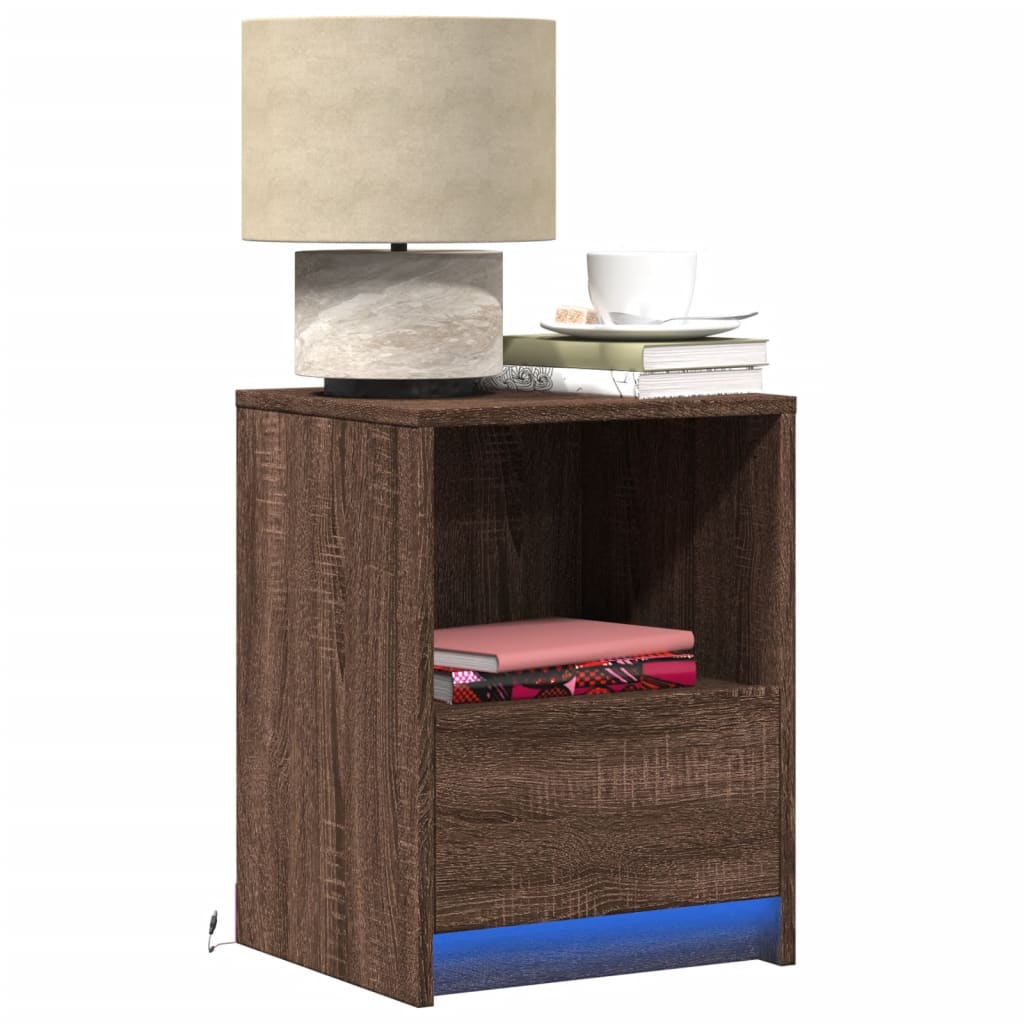 Bedside Cabinet with LED Lights Engineered Wood Brown oak