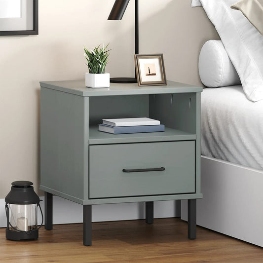 vidaXL Bedside Cabinet with metal legs in grey solid wood pine