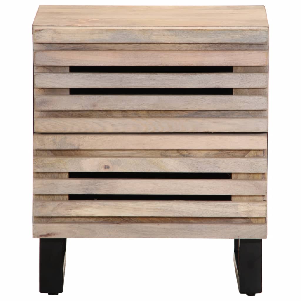 One bedside table with slatted front and black legs shown from the front