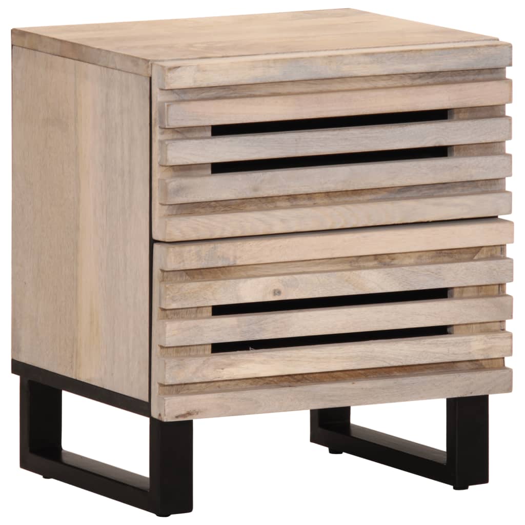 Two bedside tables with slatted fronts and black legs shown from the front