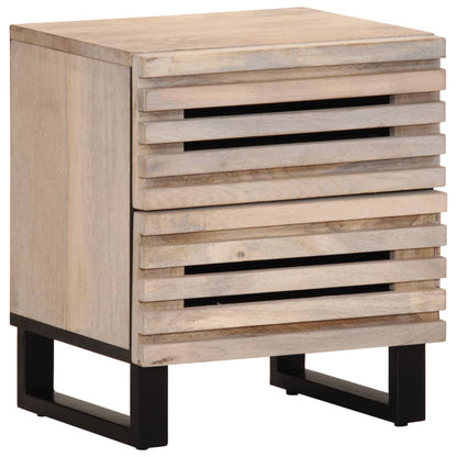 Two bedside tables with slatted fronts and black legs shown from the front