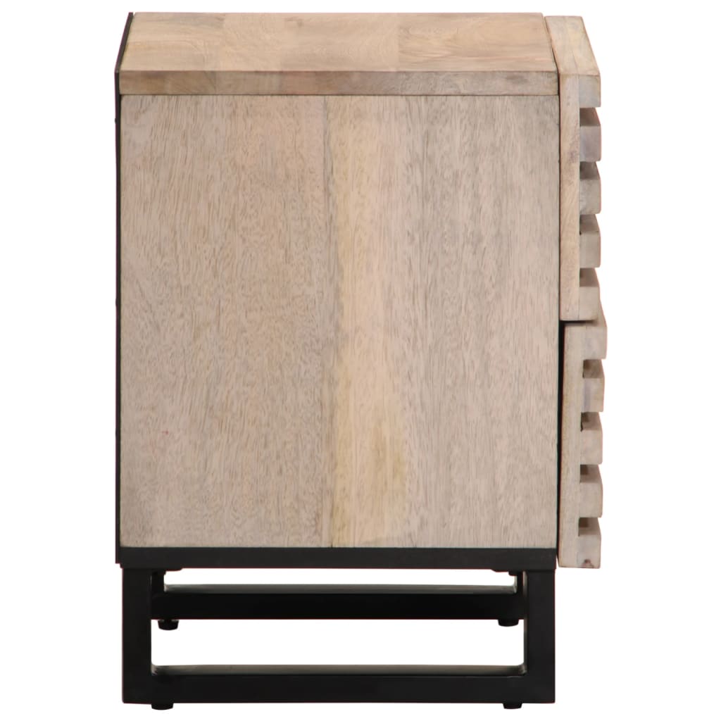 One bedside table with slatted side and black legs shown from the side