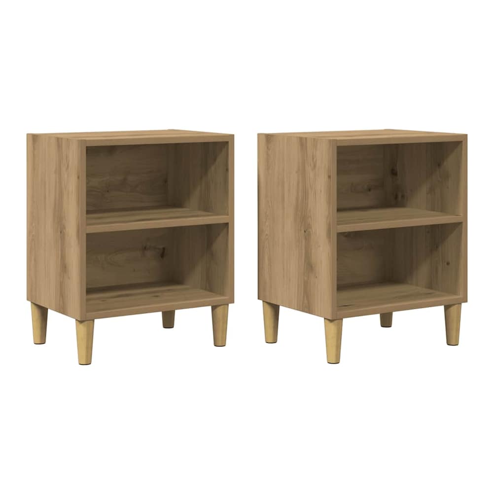 Two bedside tables with two shelves each and wooden legs