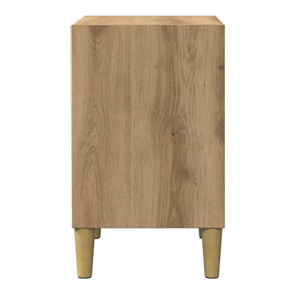 Side view of a bedside table with wooden legs