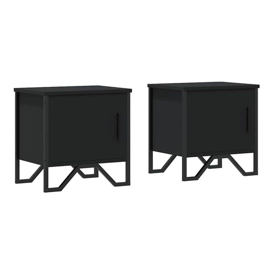 two black bedside tables with modern metal legs, shown side by side