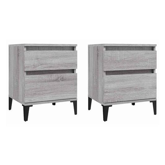 Two grey bedside cabinets with two drawers each and black legs