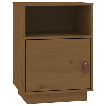 Close up of a honey brown solid wood pine bedside cabinet door