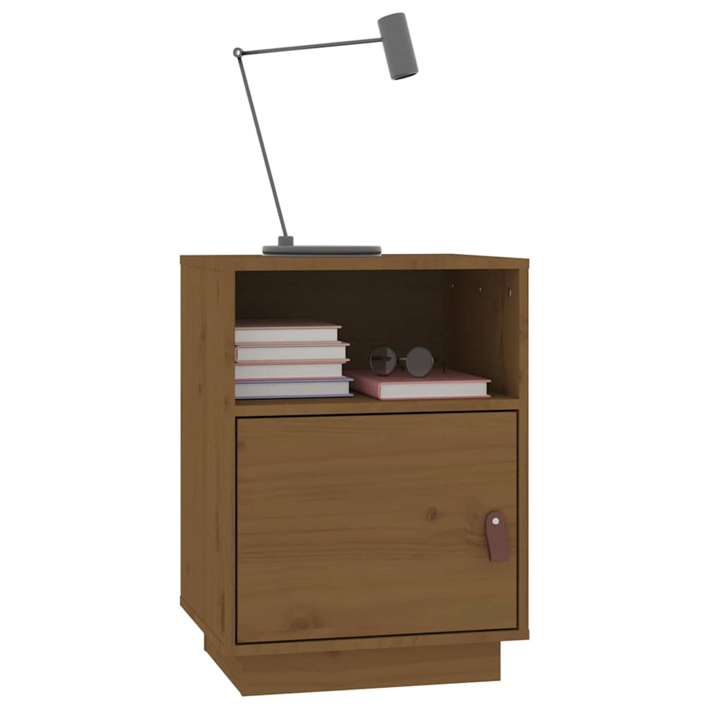 A honey brown solid wood pine bedside cabinet with books and glasses