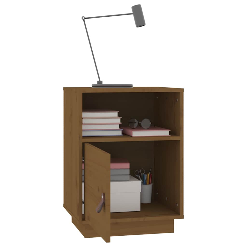 A bedside cabinet with its door open showing storage space
