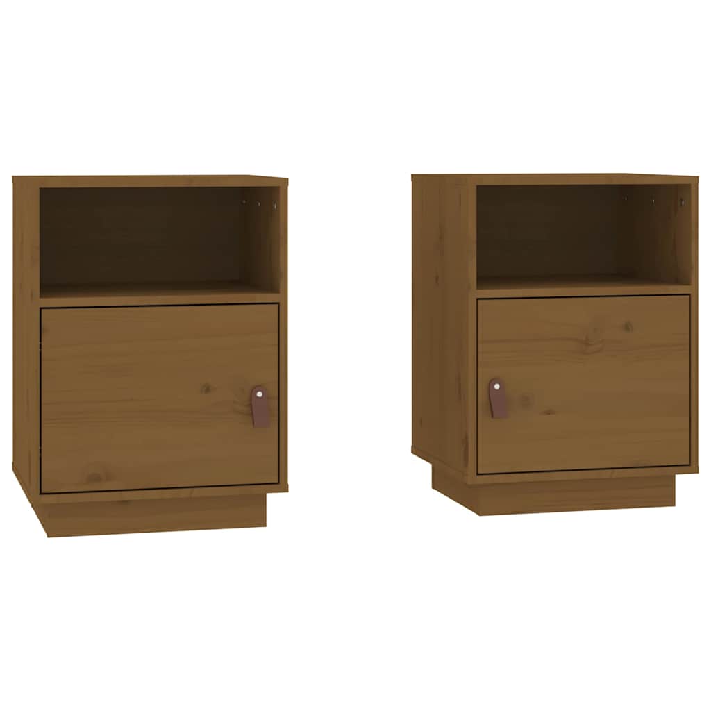 Two honey brown solid wood pine bedside cabinets shown together
