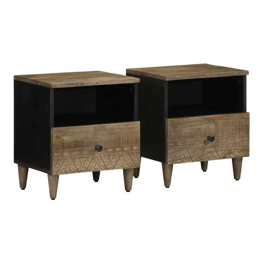 vidaXL Bedside Cabinets 2 pcs Light Grey Solid Wood Mango showing a pair of bedside tables with carved fronts and black sides