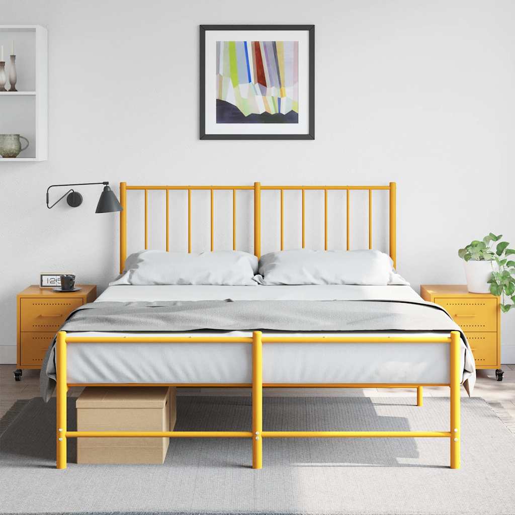 Two mustard yellow bedside tables in a bedroom setting next to a bed