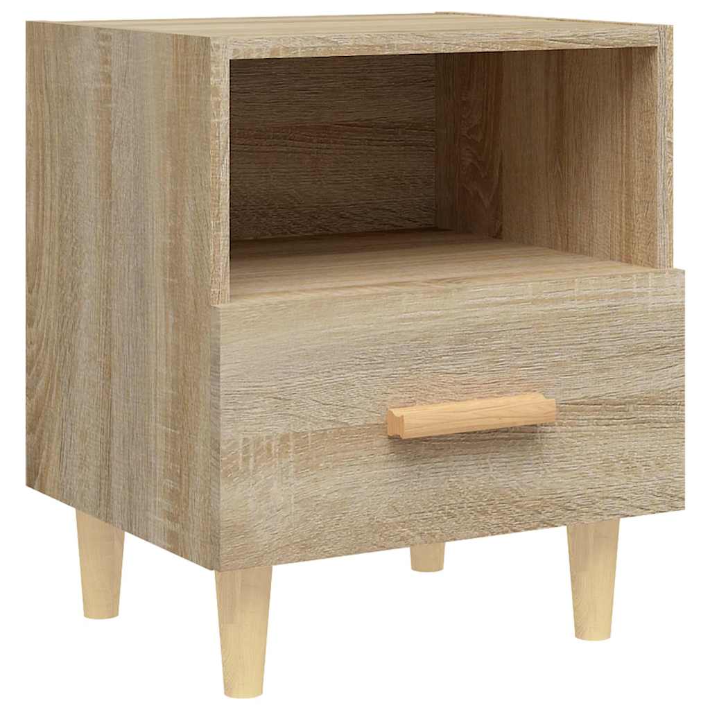 Side view of a Sonoma Oak bedside table with drawer and shelf