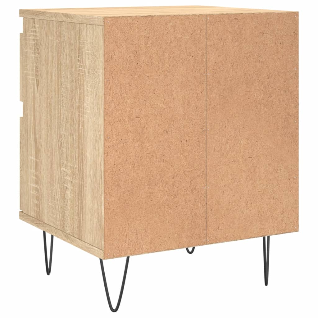 The back of the bedside table showing the plain panel and metal legs
