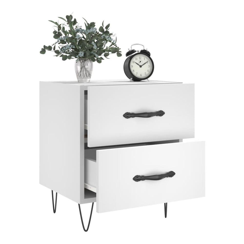 One white bedside cabinet with two drawers, one open, showing storage space