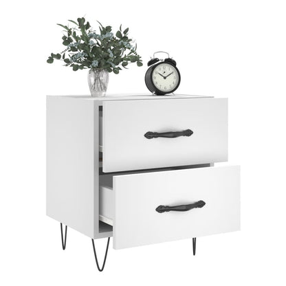 One white bedside cabinet with two drawers, one open, showing storage space