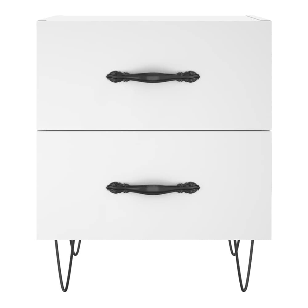 Front view of a white bedside cabinet with two drawers and black hairpin legs