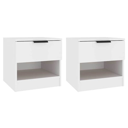 Two white bedside cabinets with a drawer and open shelf