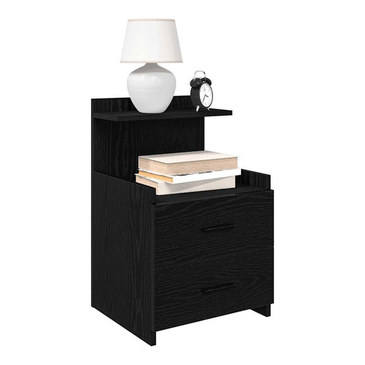 vidaXL Bedside Cabinets 2 pcs with 2 Drawers Black showing one cabinet with a lamp, books and alarm clock on top