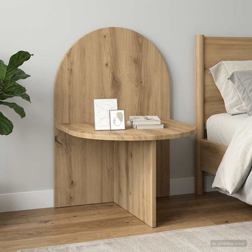the bedside table positioned next to a wooden bed frame with a green plant in the foreground