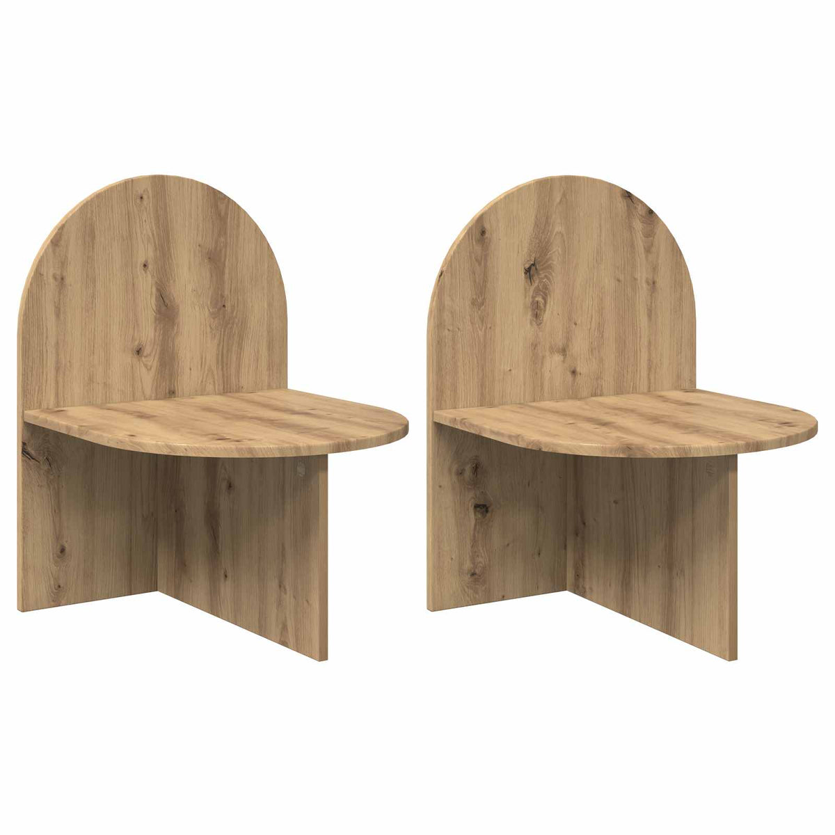 the bedside tables shown as a pair with a curved back panel and a semi-circular wooden surface