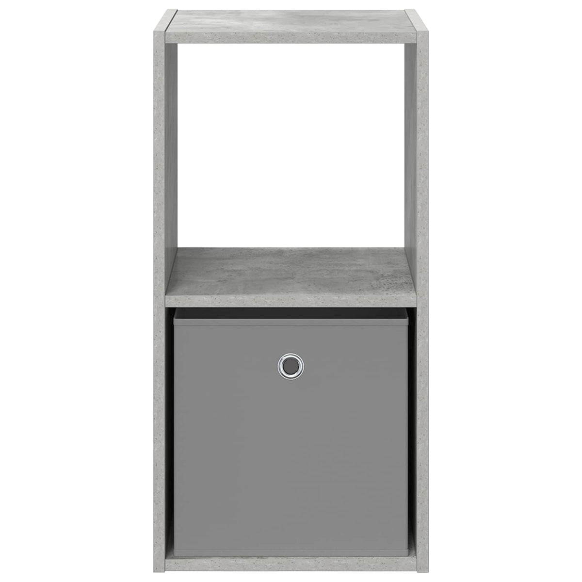 A concrete grey bedside table with a grey storage box inside
