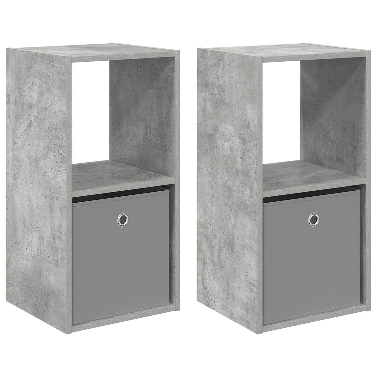 Two concrete grey bedside tables with grey storage boxes inside
